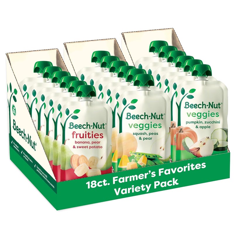 Beech-Nut Baby Food Pouches Variety Pack, NEW Farmer's Favorites Fruit & Veggie Purees Variety Pack, 3.5 oz (18 Pack) - Image 1
